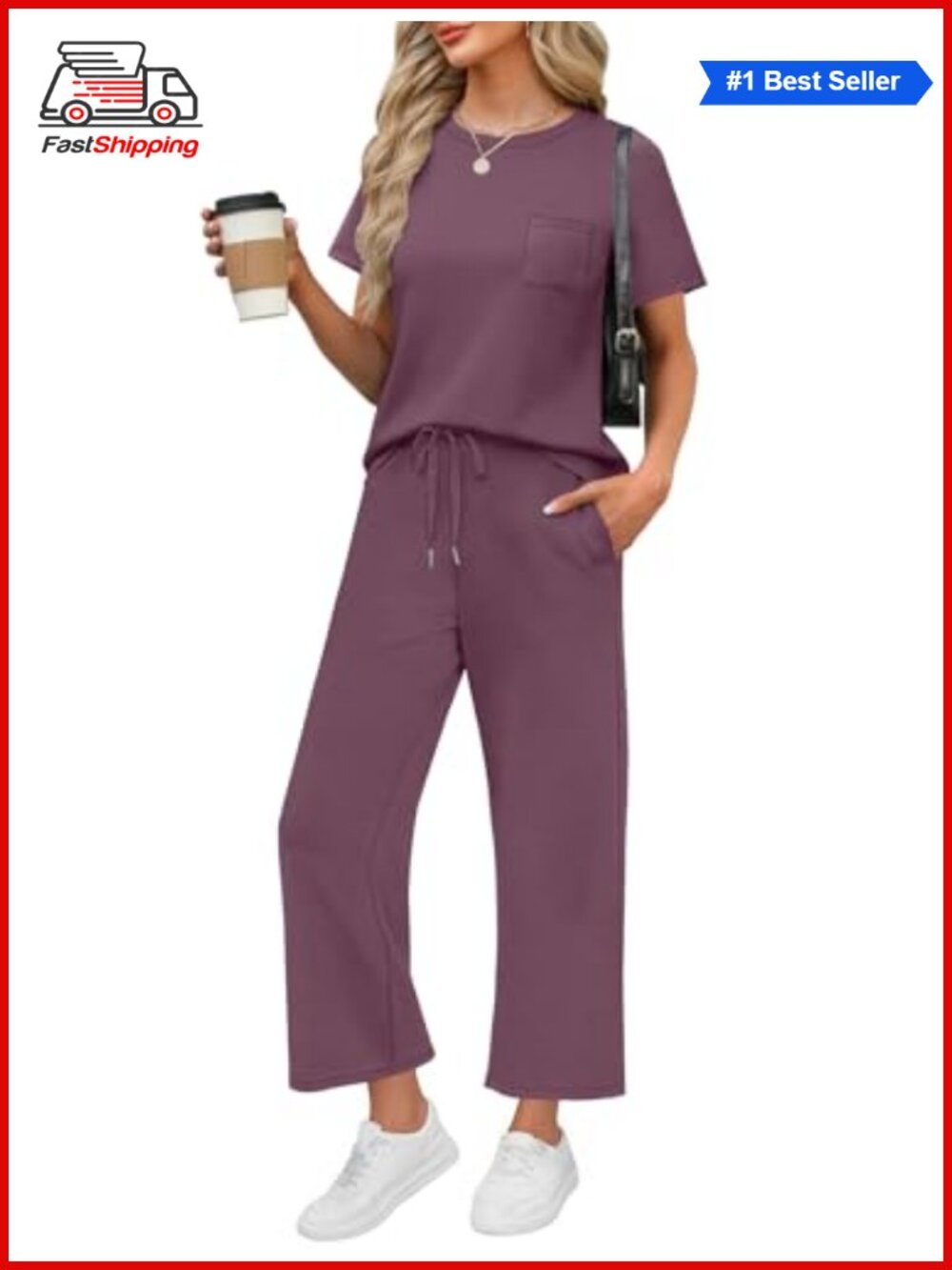 ✨ Women's 2 Piece Lounge Set Short Sleeve Top & Wide Leg Crop Pants Travel